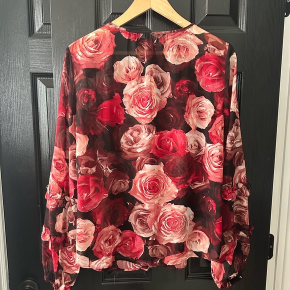 White House Black Market Rose Print Sheer Blouse - Picture 5 of 5